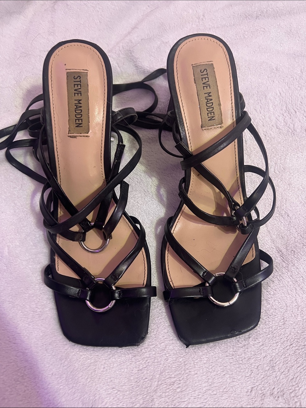Steve Madden Black Strappy Lace-Up Heeled Sandals with Ring Detail
